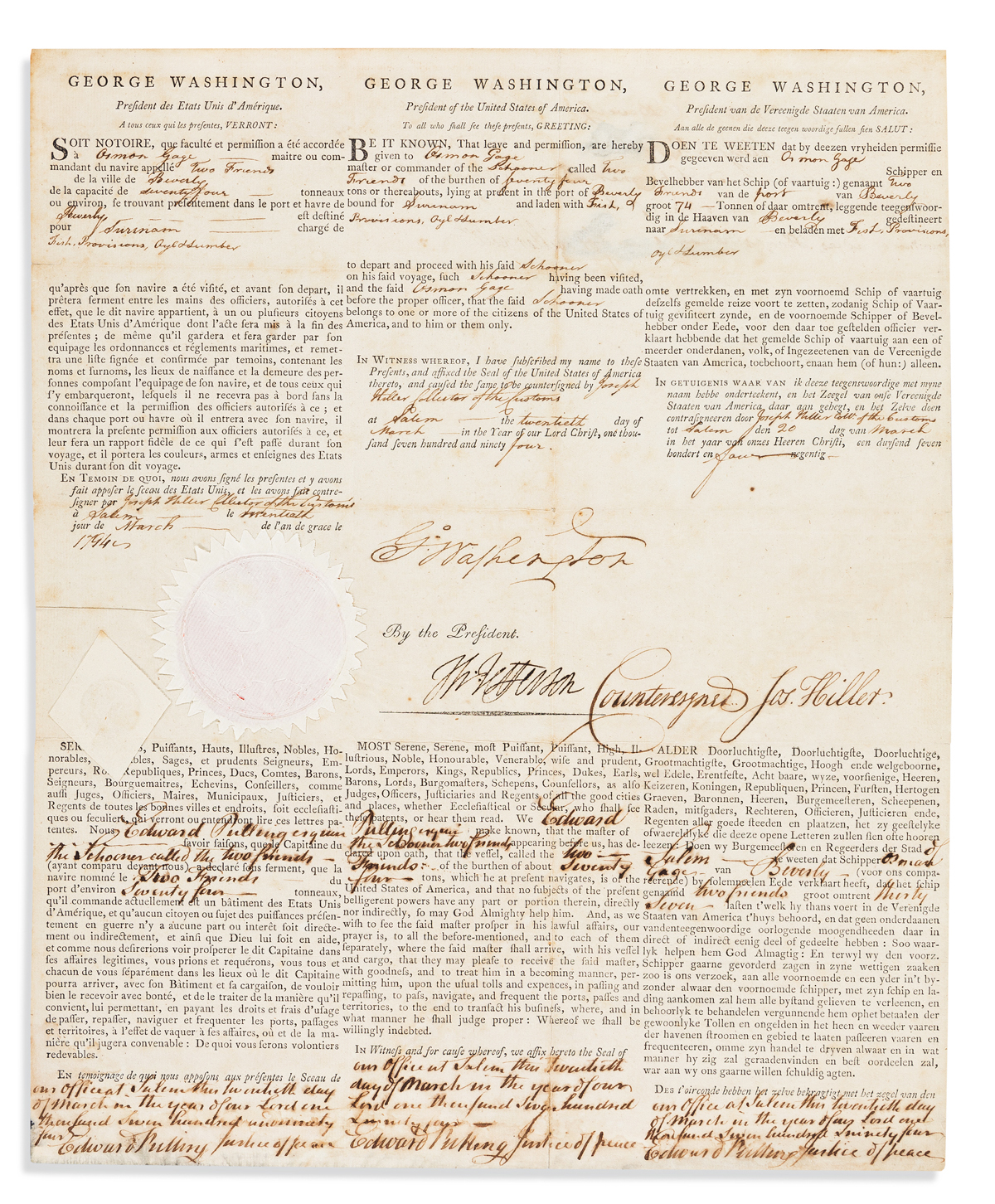 WASHINGTON, GEORGE. Partly-printed Document Signed, G:Washington, as President,